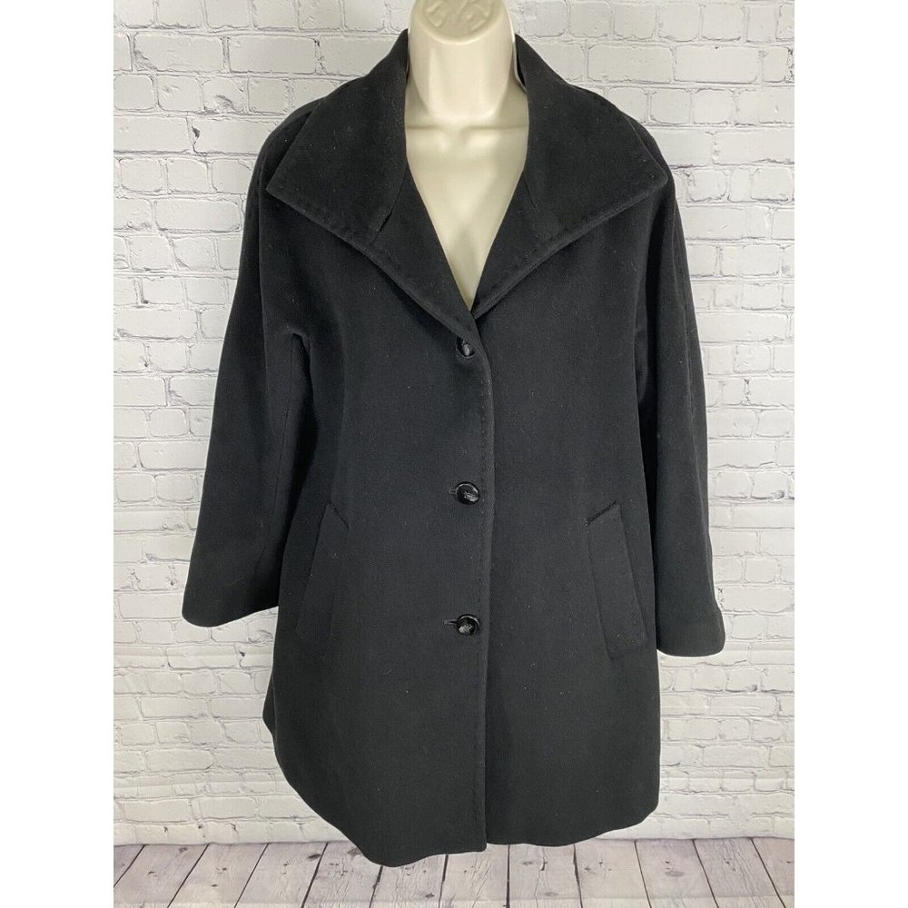 Ellen Tracy Black Wool Blend Collared 4 Button Overcoat Jacket Pockets Size 6